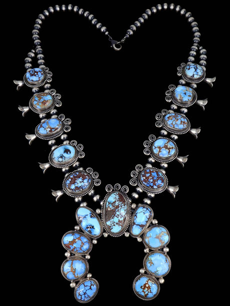 Navajo Sterling Silver Golden Hill Turquoise Squash Blossom Necklace - PuebloDirect.com