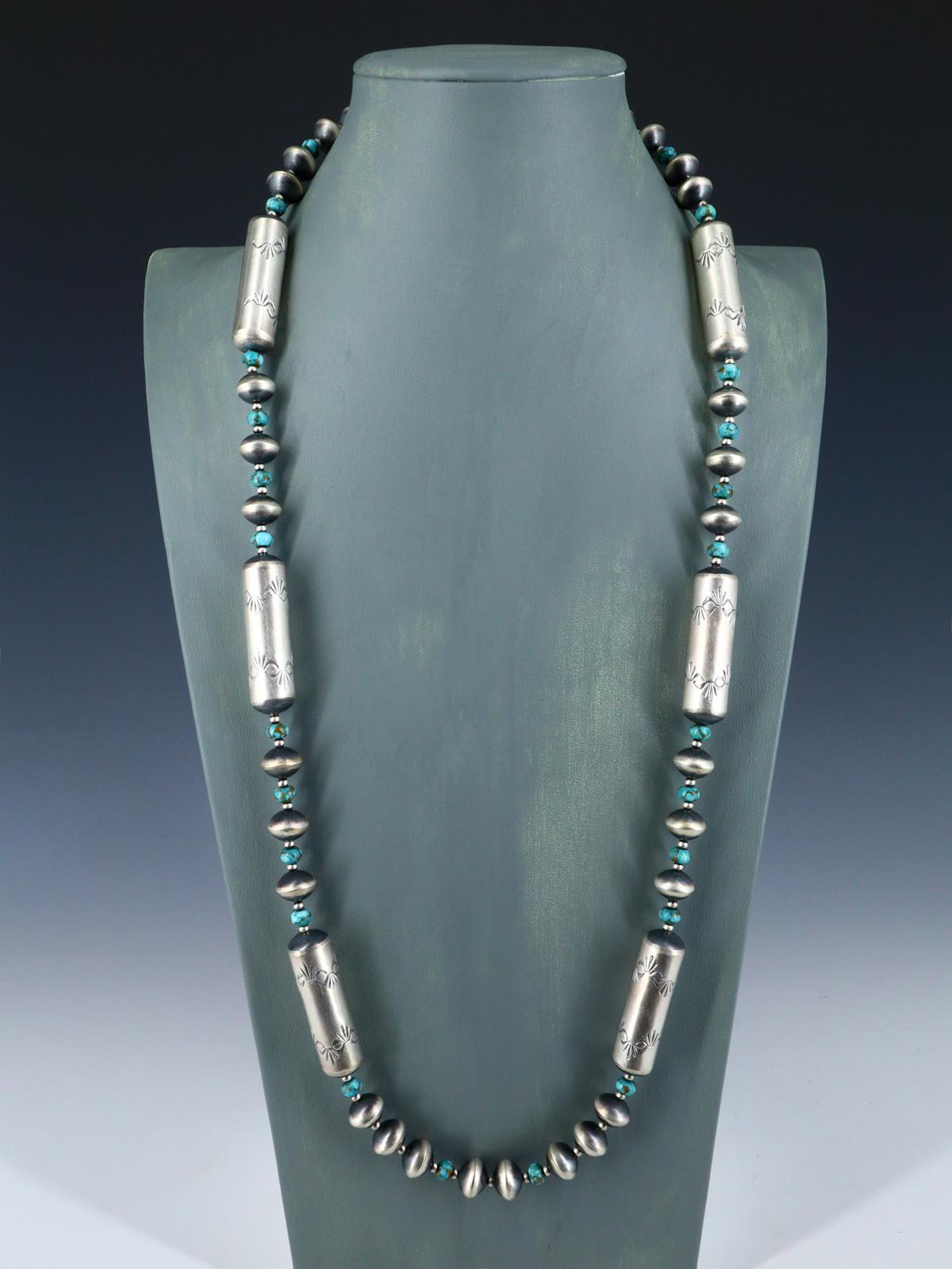 Native American Sterling Silver Navajo Turquoise and Bead Necklace Set - PuebloDirect.com