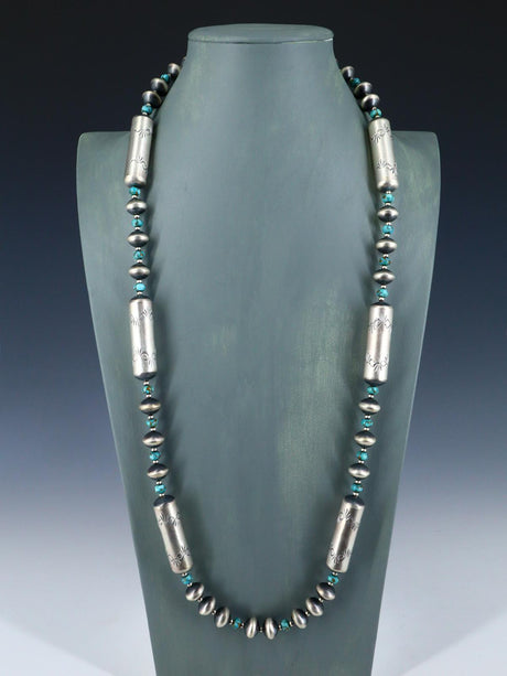 Native American Sterling Silver Navajo Turquoise and Bead Necklace Set - PuebloDirect.com