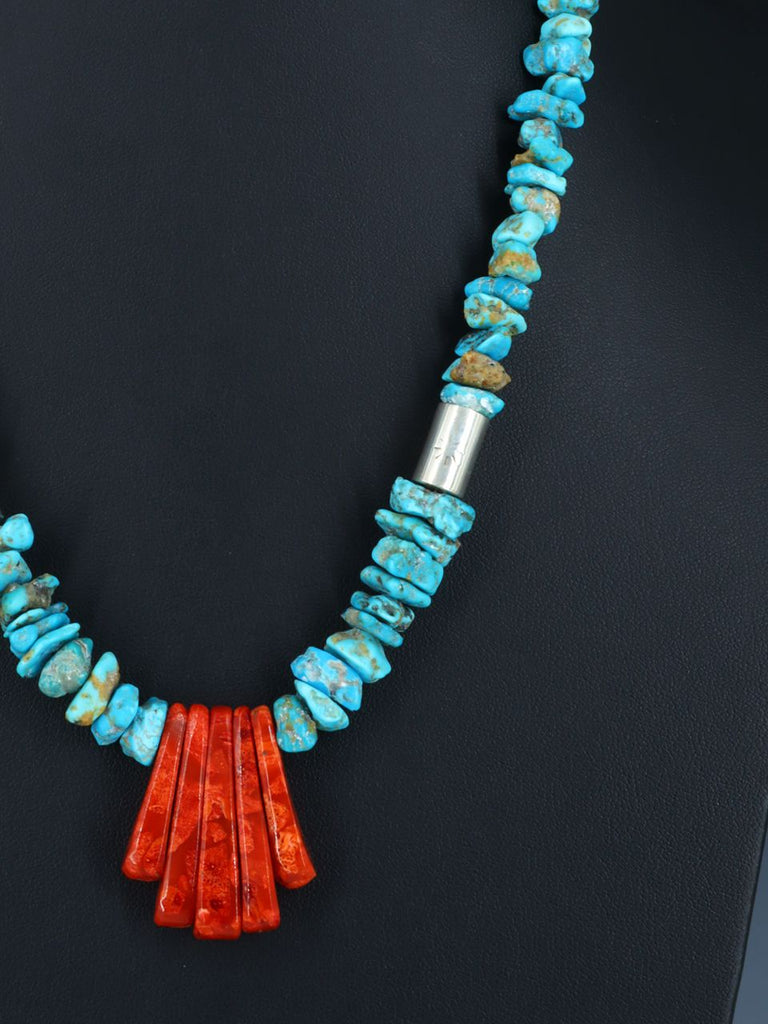 Native American Santo Domingo Turquoise and Coral Necklace - PuebloDirect.com