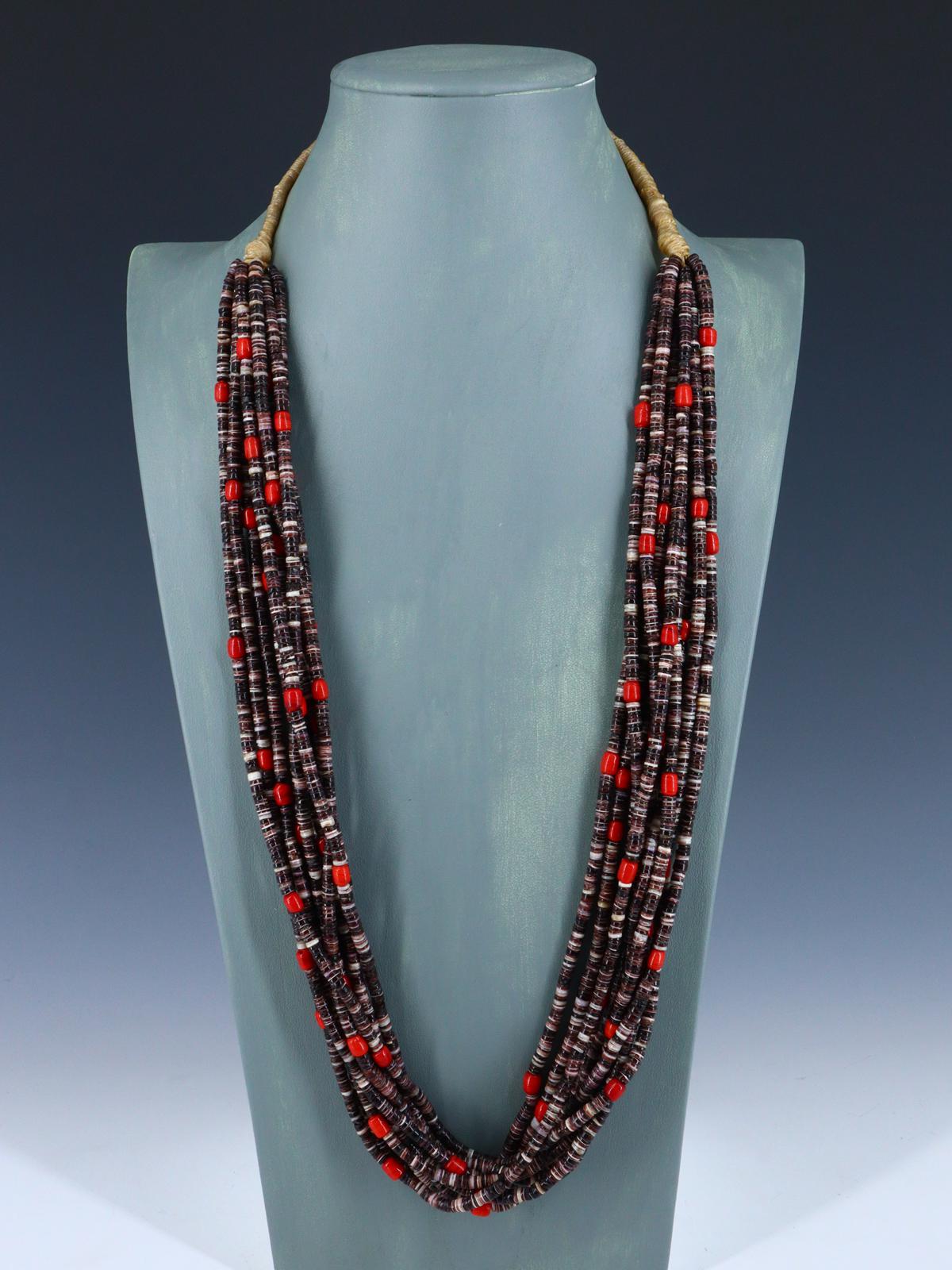 Santo Domingo Ten Strand Heishi and Coral Necklace - PuebloDirect.com