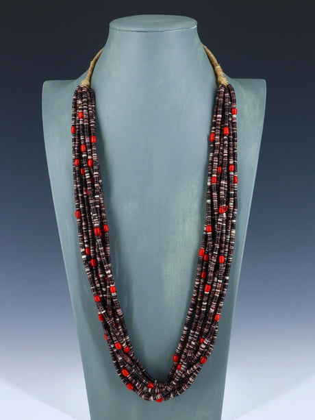 Santo Domingo Ten Strand Heishi and Coral Necklace - PuebloDirect.com