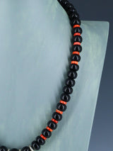 Santo Domingo Single Strand Onyx and Apple Coral Necklace - PuebloDirect.com