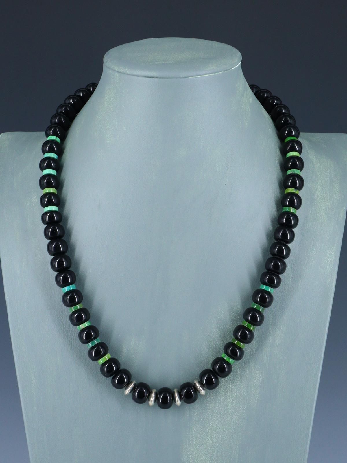 Santo Domingo Single Strand Onyx and Turquoise Necklace - PuebloDirect.com