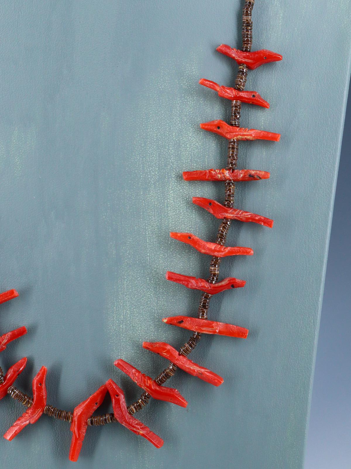 Native American Coral Zuni Fetish Carved Bird Necklace - PuebloDirect.com
