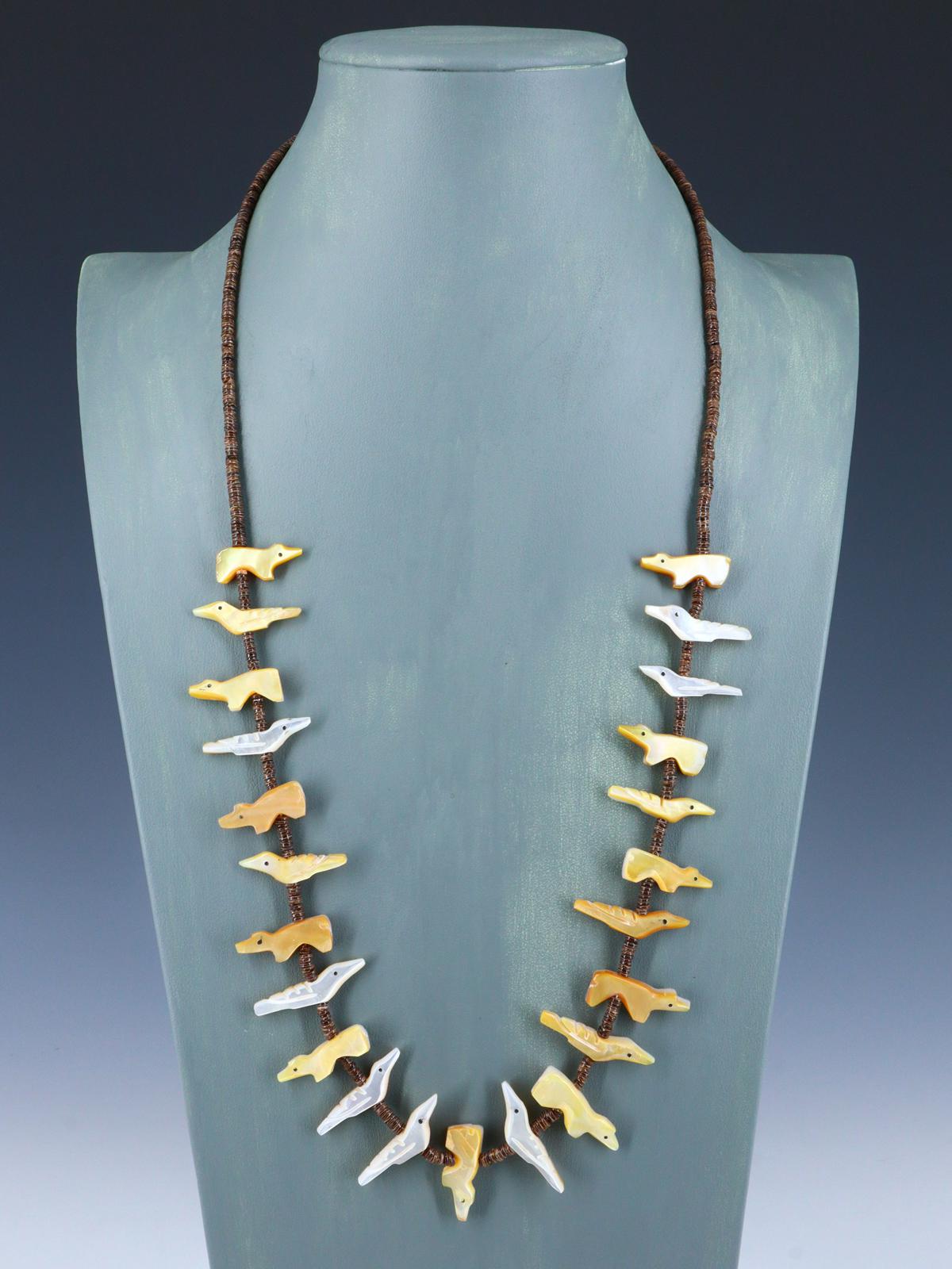 Native American Mother of Pearl Zuni Fetish Carved Bird Necklace - PuebloDirect.com
