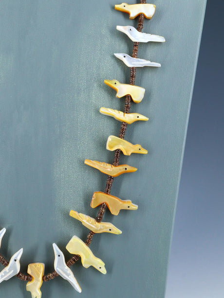 Native American Mother of Pearl Zuni Fetish Carved Bird Necklace - PuebloDirect.com