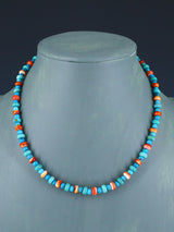 16" Navajo Single Strand Spiny Oyster and Turquoise Necklace - PuebloDirect.com