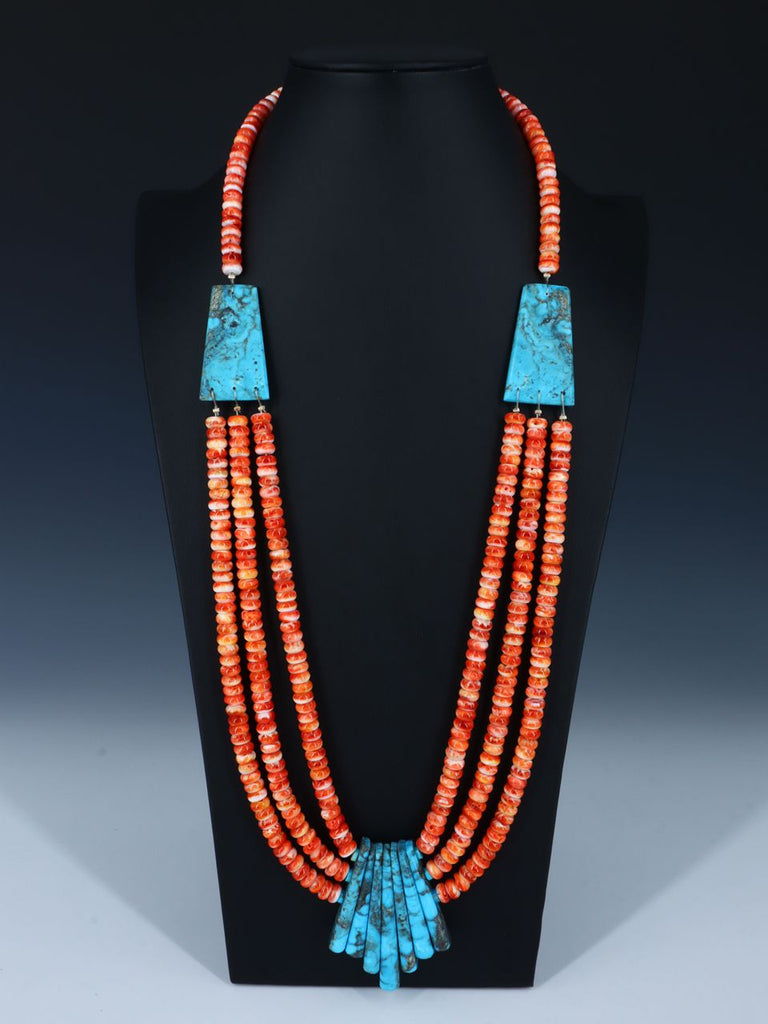 Native American Santo Domingo Turquoise and Orange Spiny Oyster Necklace - PuebloDirect.com