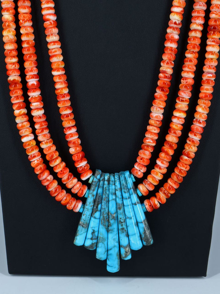 Native American Santo Domingo Turquoise and Orange Spiny Oyster Necklace - PuebloDirect.com