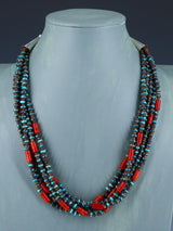 Native American Santo Domingo Turquoise and Coral Five Strand Necklace