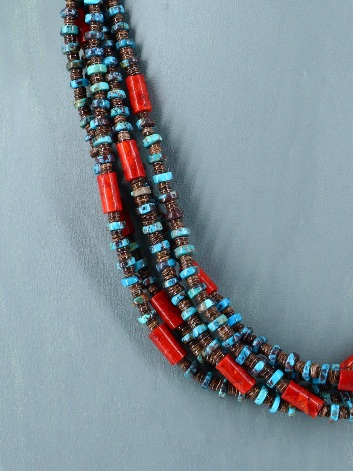 Native American Santo Domingo Turquoise and Coral Five Strand Necklace