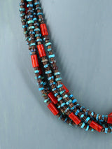 Native American Santo Domingo Turquoise and Coral Five Strand Necklace