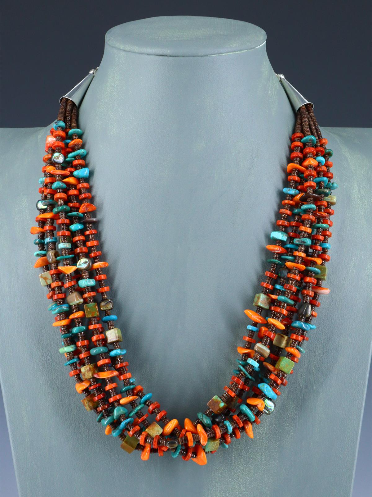 Native American Jewelry Six Strand Turquoise and Spiny Oyster Necklace