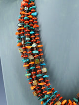 Native American Jewelry Six Strand Turquoise and Spiny Oyster Necklace