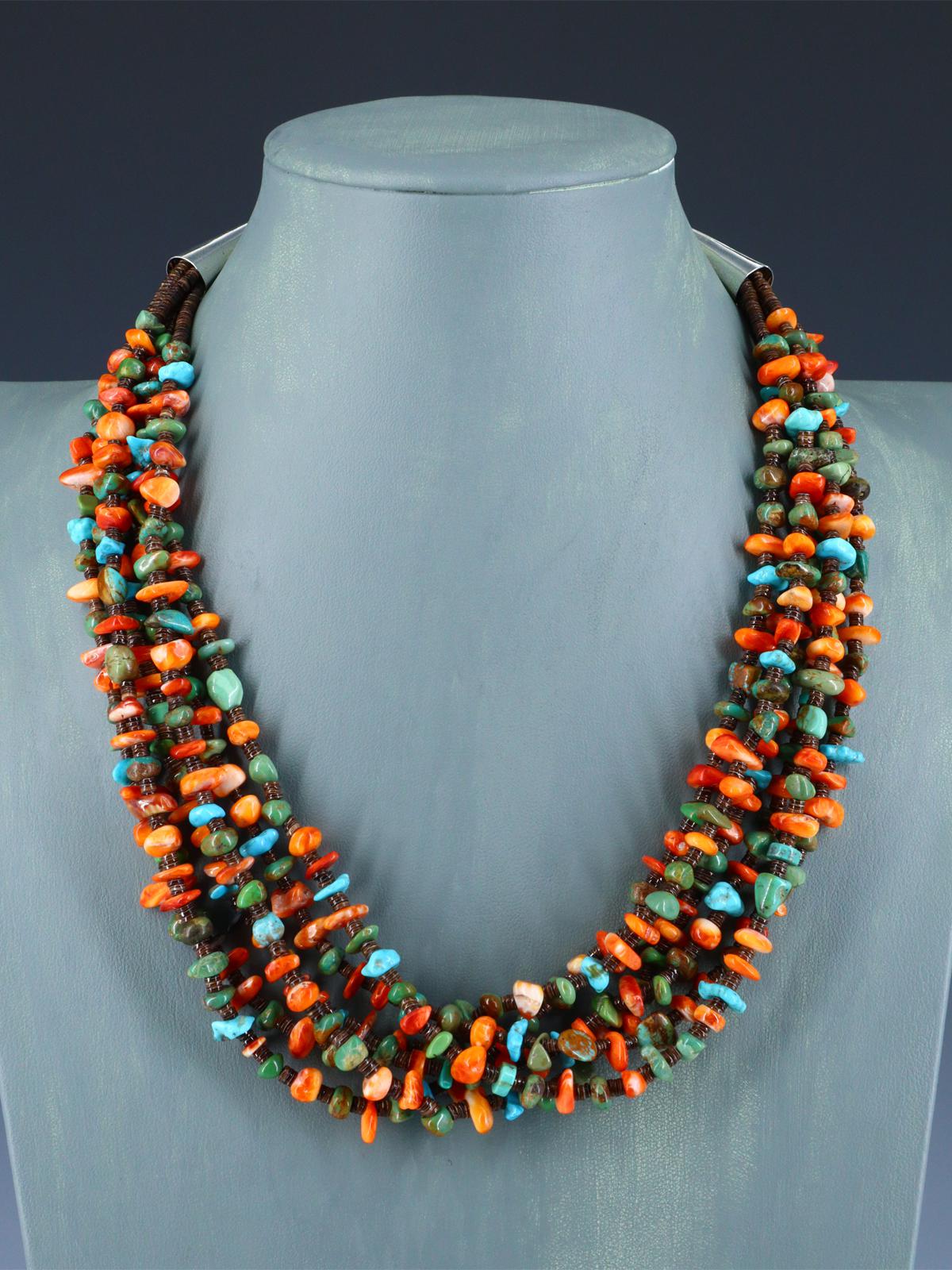 Native American Jewelry Six Strand Turquoise and Spiny Oyster Necklace