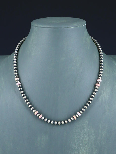 18" Navajo Jewelry Pink Conch Sterling Silver Beaded Necklace - PuebloDirect.com