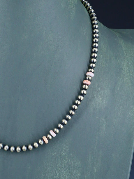 18" Navajo Jewelry Pink Conch Sterling Silver Beaded Necklace - PuebloDirect.com