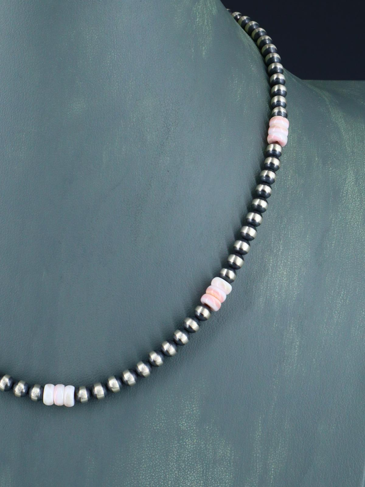 18" Navajo Jewelry Pink Conch Sterling Silver Beaded Necklace