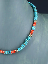 Native American Jewelry Single Strand Turquoise and Spiny Oyster Necklace
