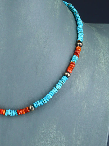 Native American Jewelry Single Strand Turquoise and Spiny Oyster Necklace