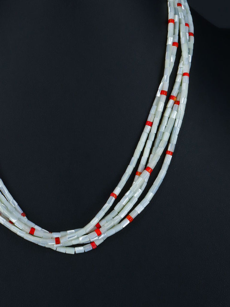 Native American Five Strand Mother of Pearl and Apple Coral Necklace - PuebloDirect.com