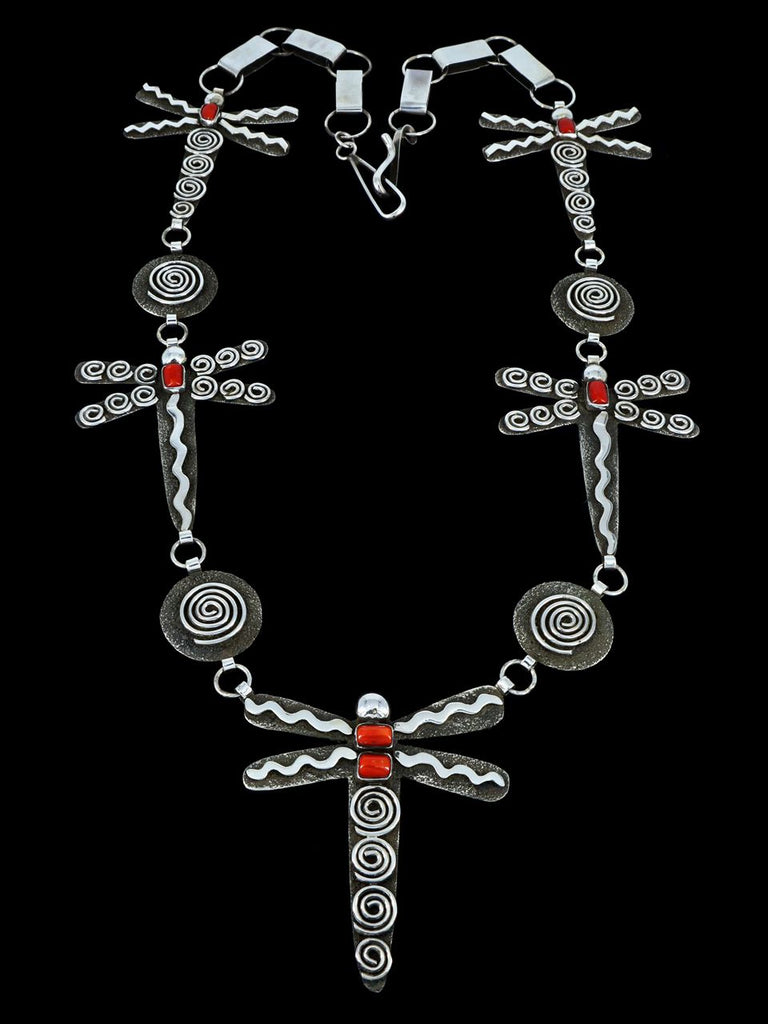 Native American Sterling Silver Coral Dragonfly Petroglyph Link Necklace - PuebloDirect.com