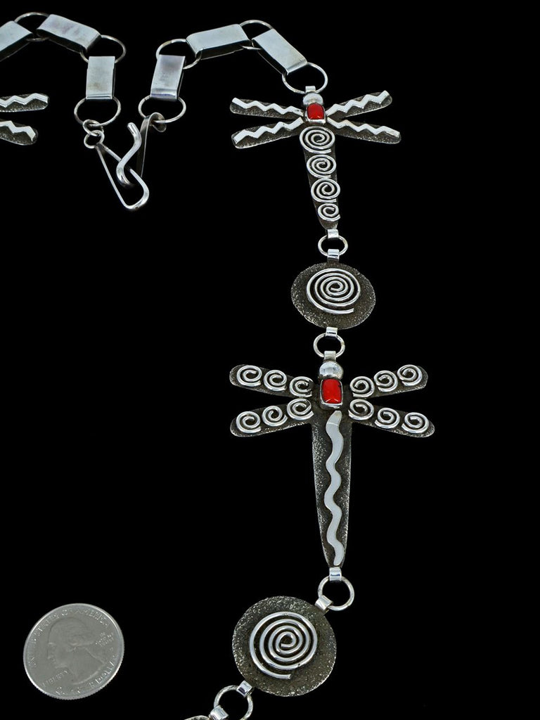 Native American Sterling Silver Coral Dragonfly Petroglyph Link Necklace - PuebloDirect.com