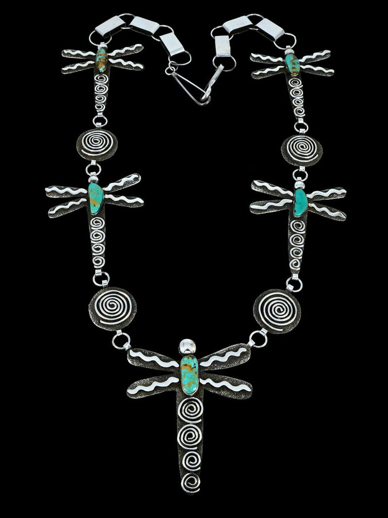 Native American Sterling Silver Turquoise Dragonfly Petroglyph Link Necklace - PuebloDirect.com
