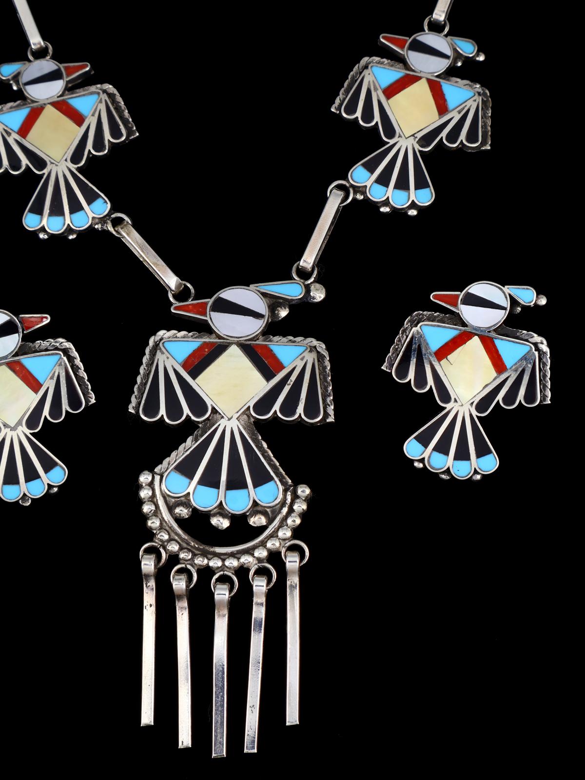 Sterling Silver Native American Zuni Inlay Thunderbird Necklace Set