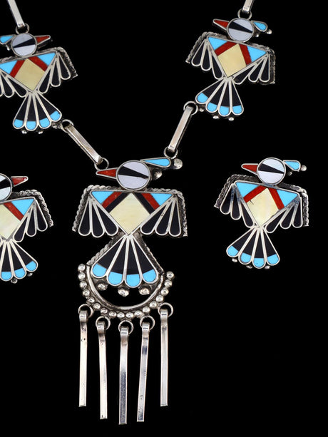 Sterling Silver Native American Zuni Inlay Thunderbird Necklace Set