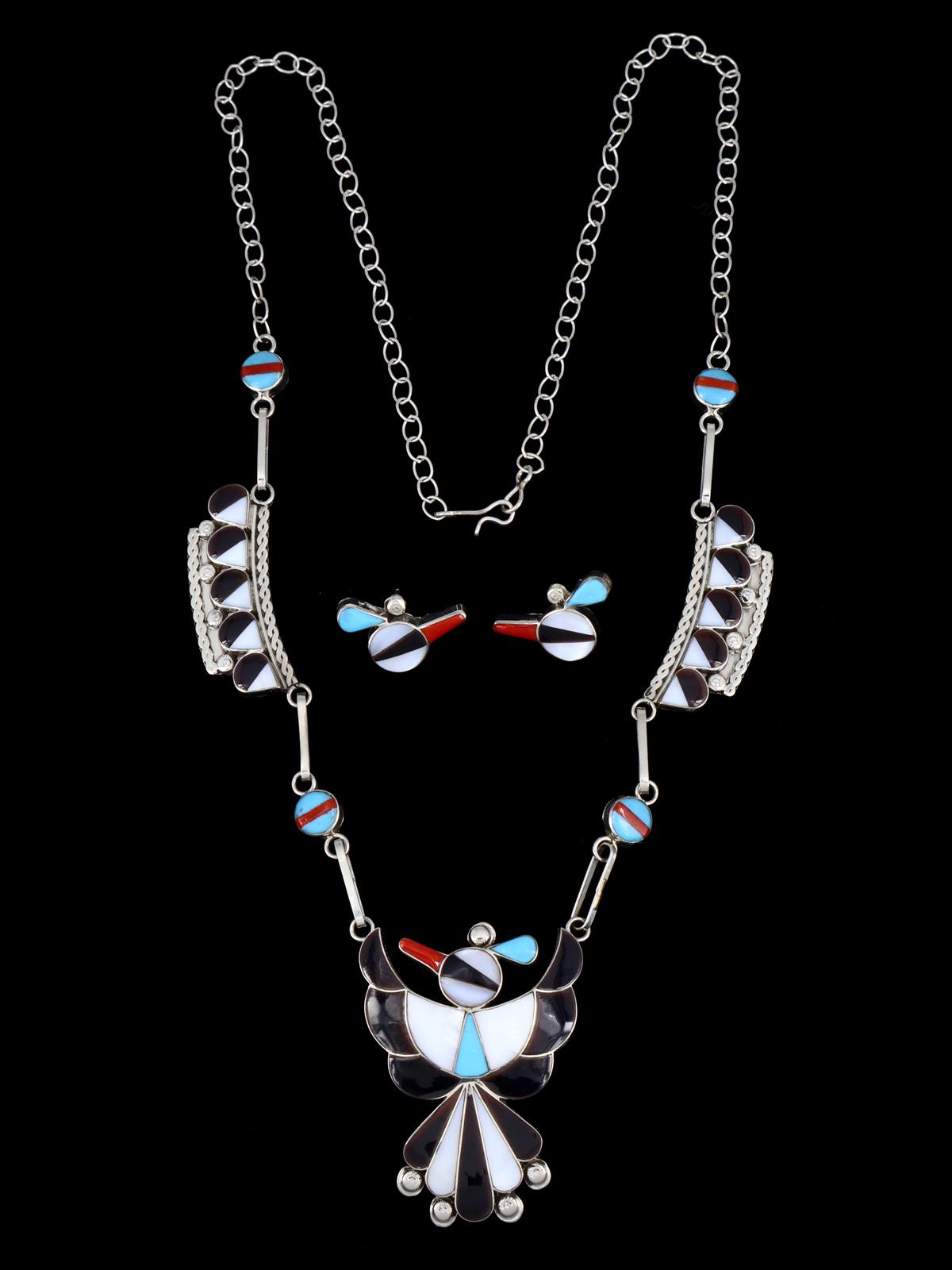 Sterling Silver Native American Zuni Inlay Thunderbird Necklace Set