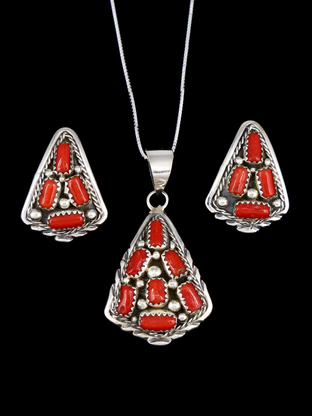 Native American Sterling Silver Coral Pendant and Earrings Set