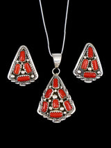 Native American Sterling Silver Coral Pendant and Earrings Set