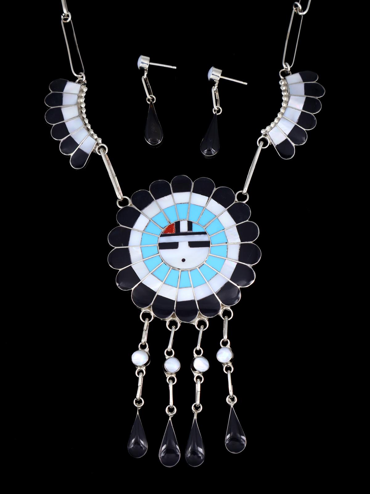 Turquoise Sterling Silver Zuni Inlay Necklace and Earrings Set