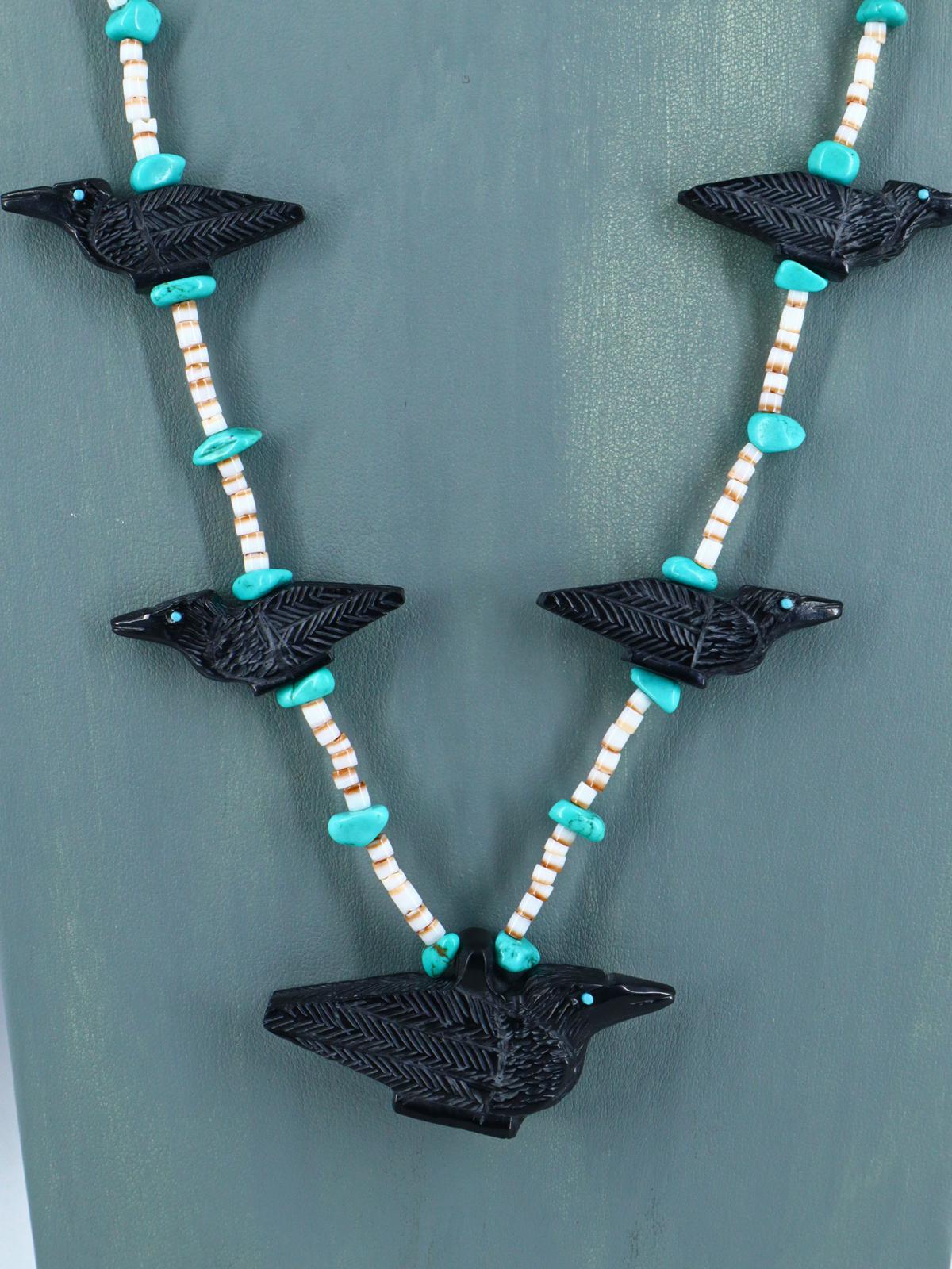 Native American Black Jet Zuni Fetish Carved Bird Necklace Set