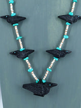 Native American Black Jet Zuni Fetish Carved Bird Necklace Set