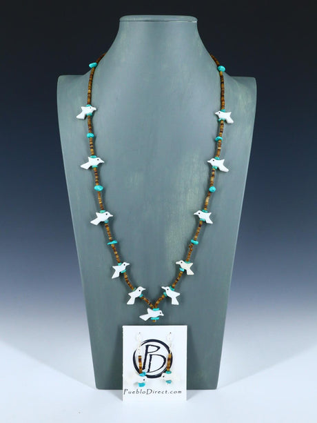 Native American White Marble Zuni Fetish Carved Bird Necklace Set