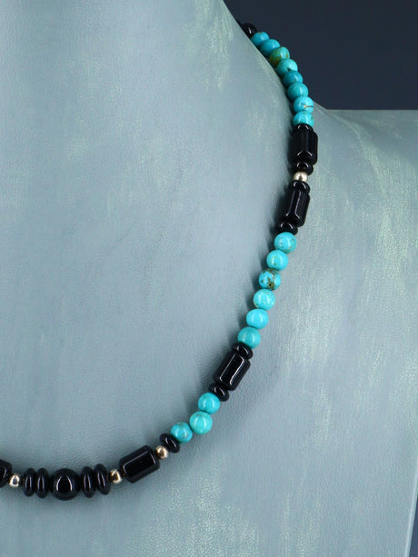 18" Native American Turquoise and Onyx Beaded Choker Necklace Set