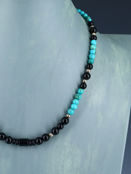 18" Native American Turquoise and Onyx Beaded Choker Necklace Set