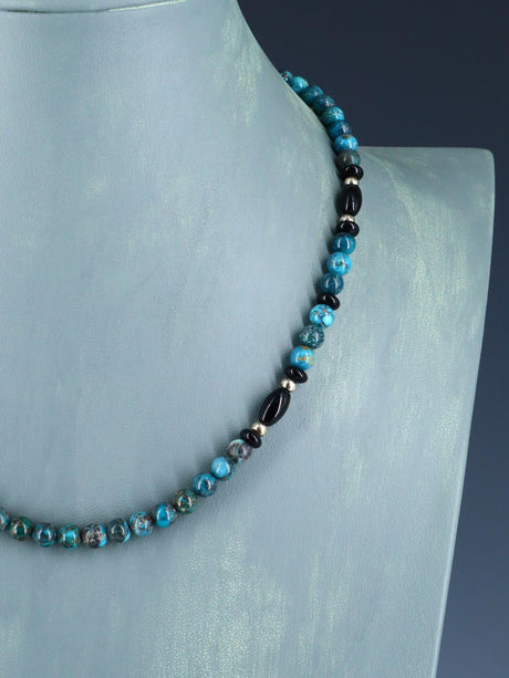 18" Native American Turquoise and Onyx Beaded Choker Necklace Set