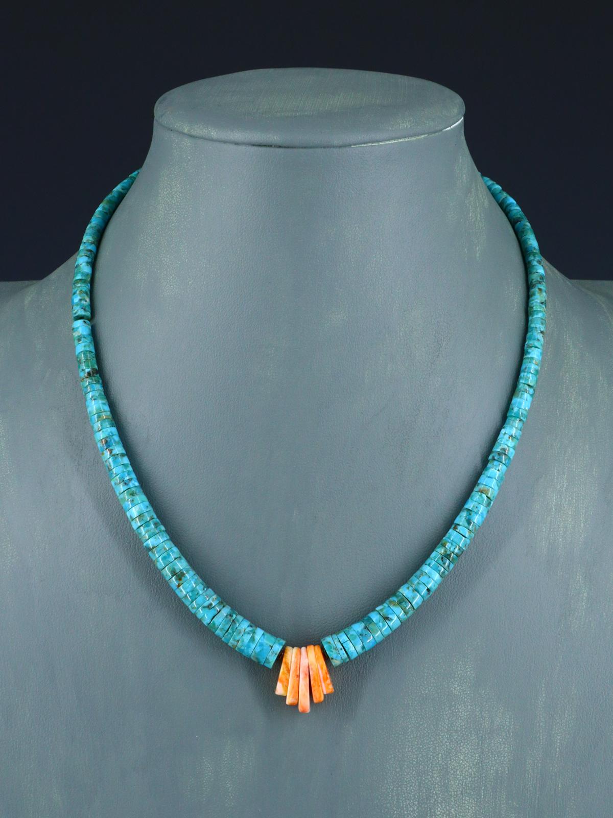 Native American Jewelry Single Strand Turquoise and Spiny Oyster Necklace