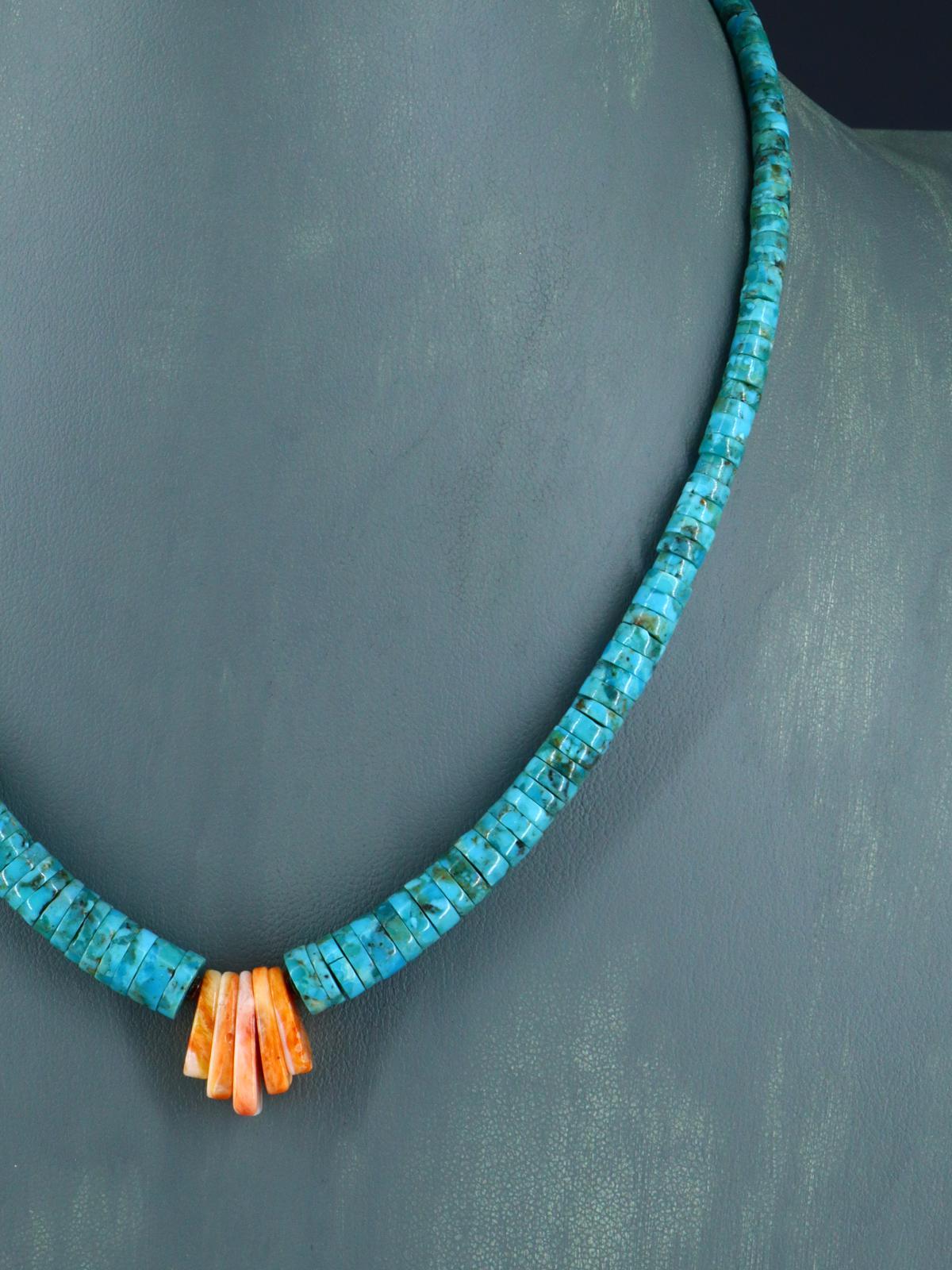 Native American Jewelry Single Strand Turquoise and Spiny Oyster Necklace