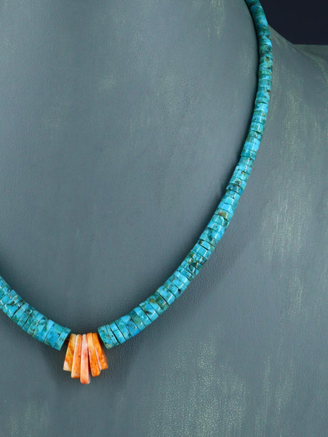 Native American Jewelry Single Strand Turquoise and Spiny Oyster Necklace