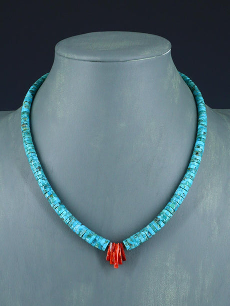 Native American Jewelry Single Strand Turquoise and Spiny Oyster Necklace - PuebloDirect.com