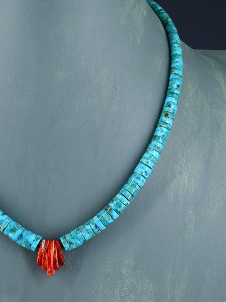 Native American Jewelry Single Strand Turquoise and Spiny Oyster Necklace - PuebloDirect.com