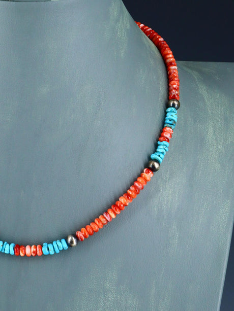 Navajo Jewelry Single Strand Turquoise and Spiny Oyster Necklace