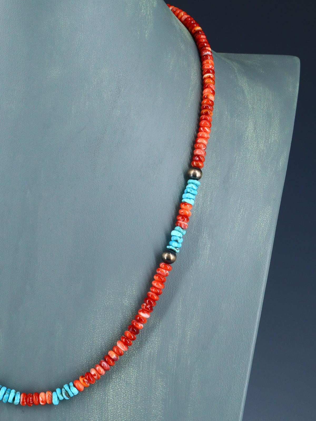 Navajo Jewelry Single Strand Turquoise and Spiny Oyster Necklace