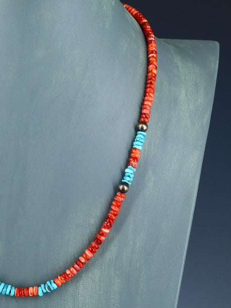 Navajo Jewelry Single Strand Turquoise and Spiny Oyster Necklace