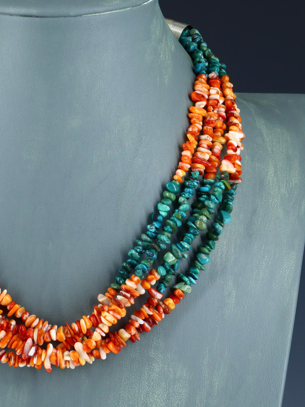 18" Native American Five Strand Turquoise and Spiny Oyster Necklace